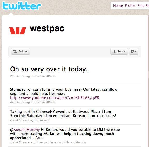 “Oh so very over it today” — tweeted by @westpac 20 minutes ago.